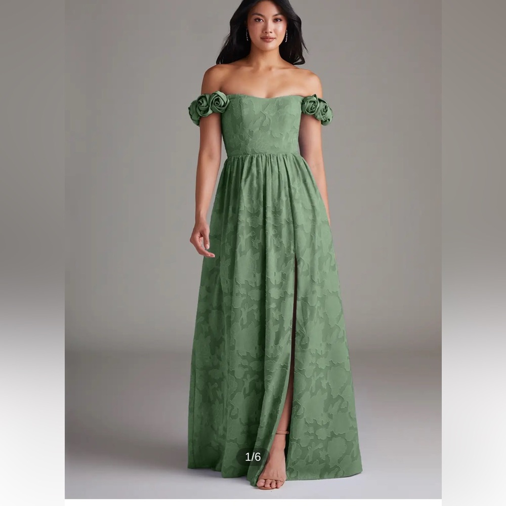 Azazie Eucalyptus A-Line Green Floral Burnout Maxi Slit Dress with Flower Straps